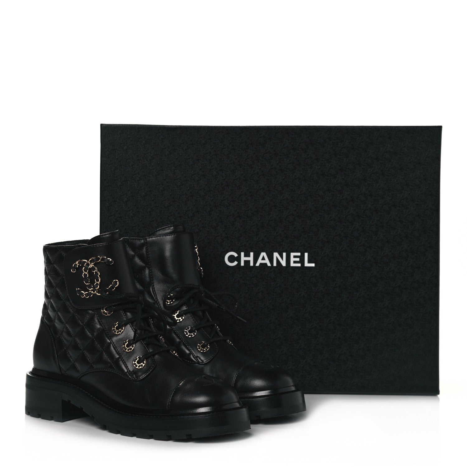 Chanel Shiny Lambskin Quilted Lace Up Combat Boots 37 Black 7 of 7