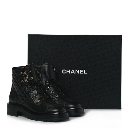 Chanel Shiny Lambskin Quilted Lace Up Combat Boots 37 Black 7 of 7