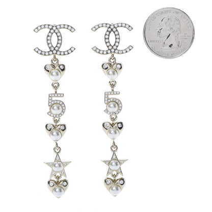 Chanel Crystal Pearl Charming Winter CC Star Heart Drop Earrings Gold 2 of 4