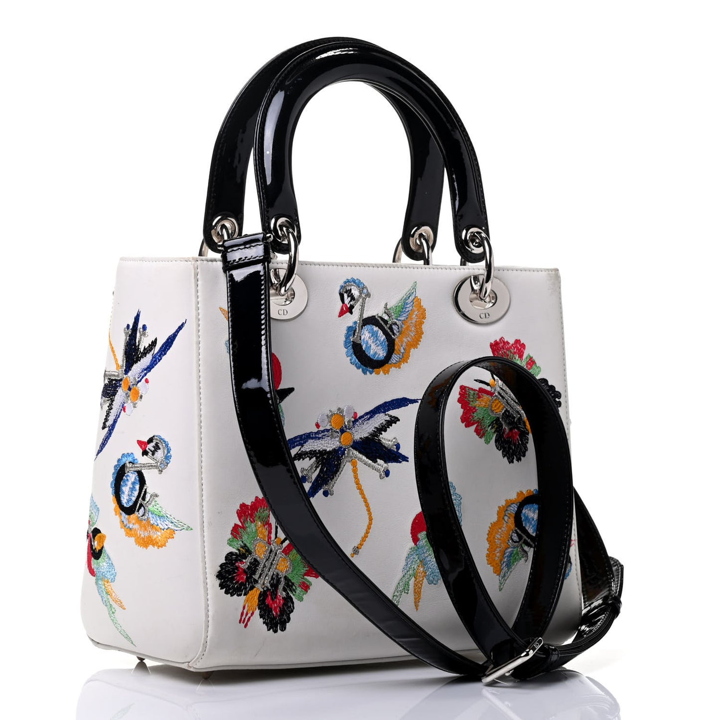 Smooth Calfskin Embroidered Medium Lady Dior White Multicolor