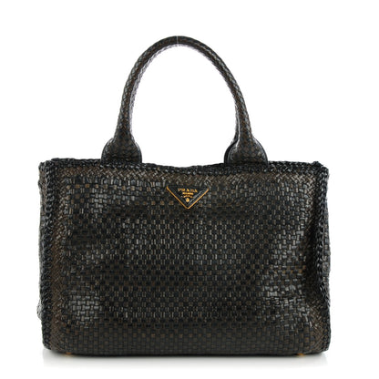 Prada Goatskin Woven Small Tote Moro Black 1 of 8