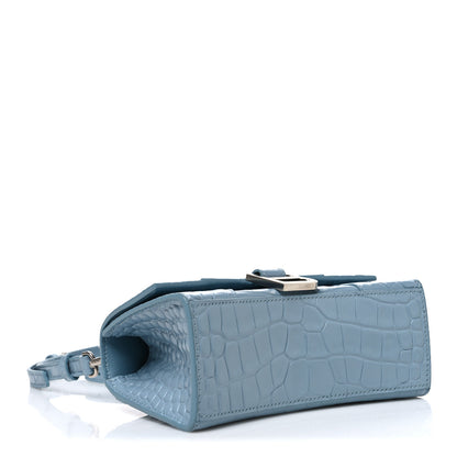 Balenciaga Shiny Calfskin Crocodile Embossed Hourglass Top Handle Bag XS Blue Grey 4 of 11