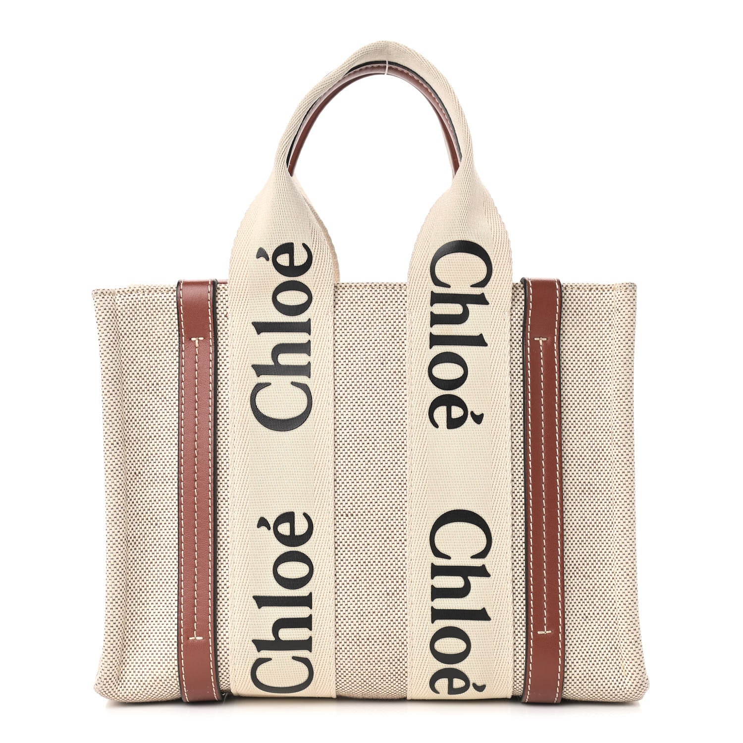 Chloe Cotton Calfskin Small Woody Ribbon Tote White Brown 1 of 9