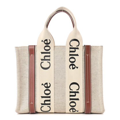 Chloe Cotton Calfskin Small Woody Ribbon Tote White Brown 1 of 9