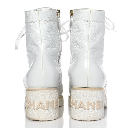 Chanel Shiny Crumpled Lambskin Lace Up Combat Boots 39 White 5 of 10