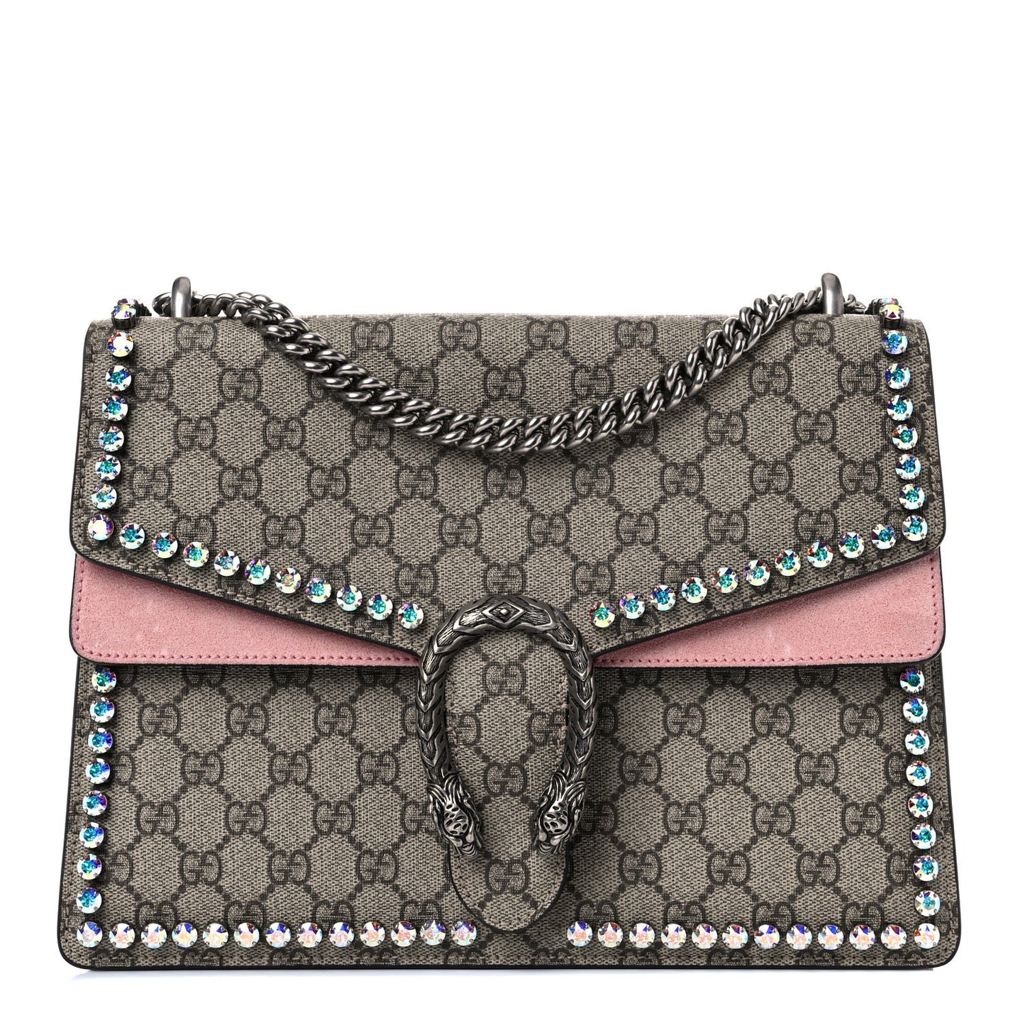 GG Supreme Monogram Suede Crystal Medium Dionysus Shoulder Bag Beige Ebony Light Peonia