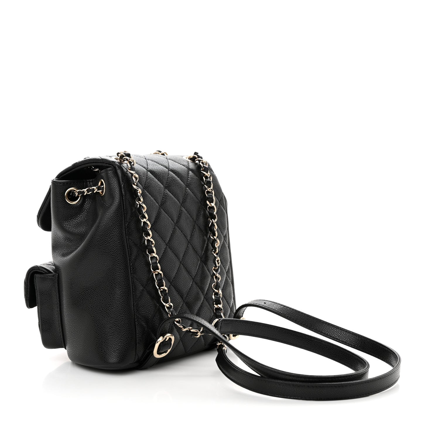 Shiny Caviar Quilted Medium Duma Pockets Drawstring Backpack Black