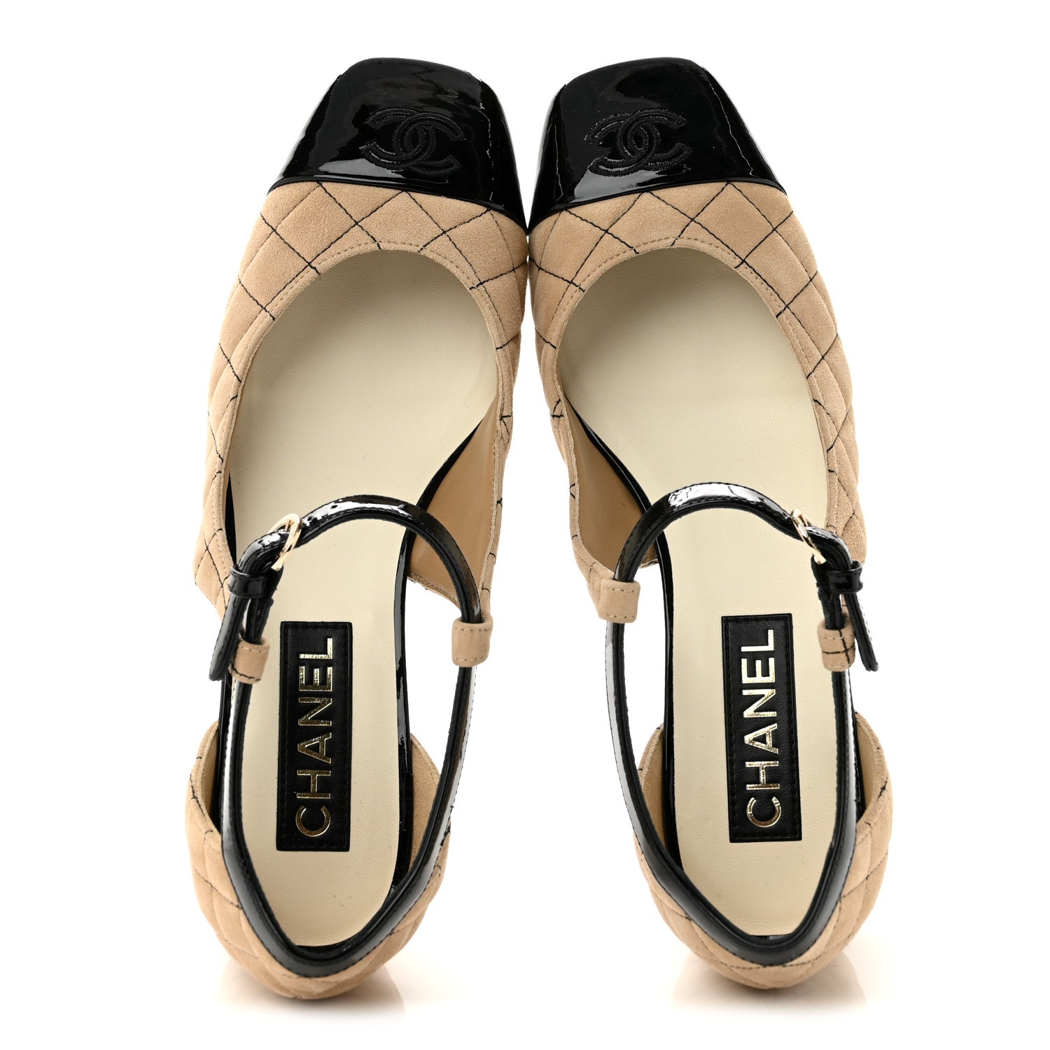 Chanel Suede Kidskin Patent Cap Toe Quilted Mary Jane Flats 40 Beige Black 2 of 10