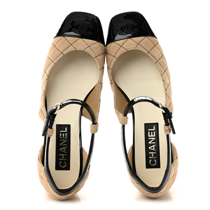 Chanel Suede Kidskin Patent Cap Toe Quilted Mary Jane Flats 40 Beige Black 2 of 10