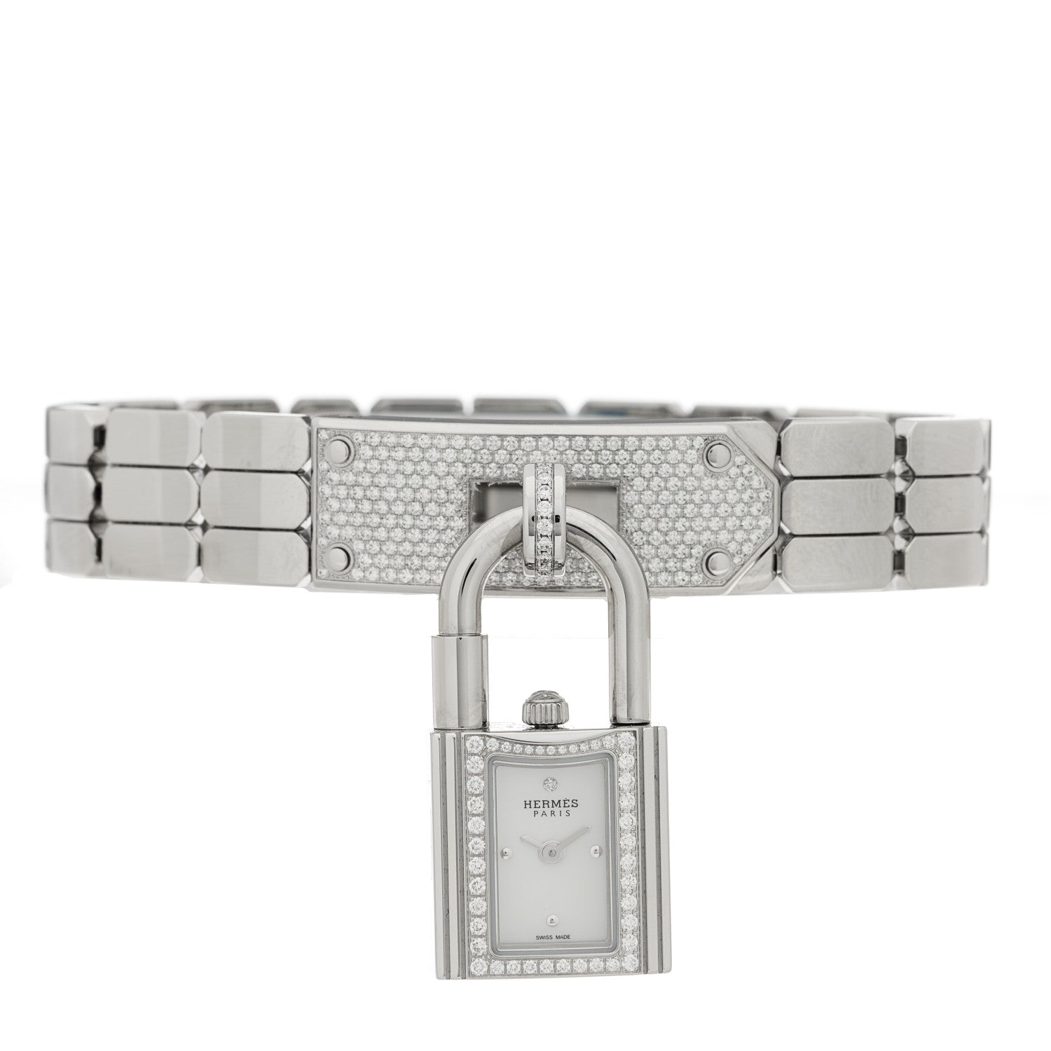 Hermes Stainless Steel Diamond Pave 16mm Kelly Quartz Watch 2 of 5