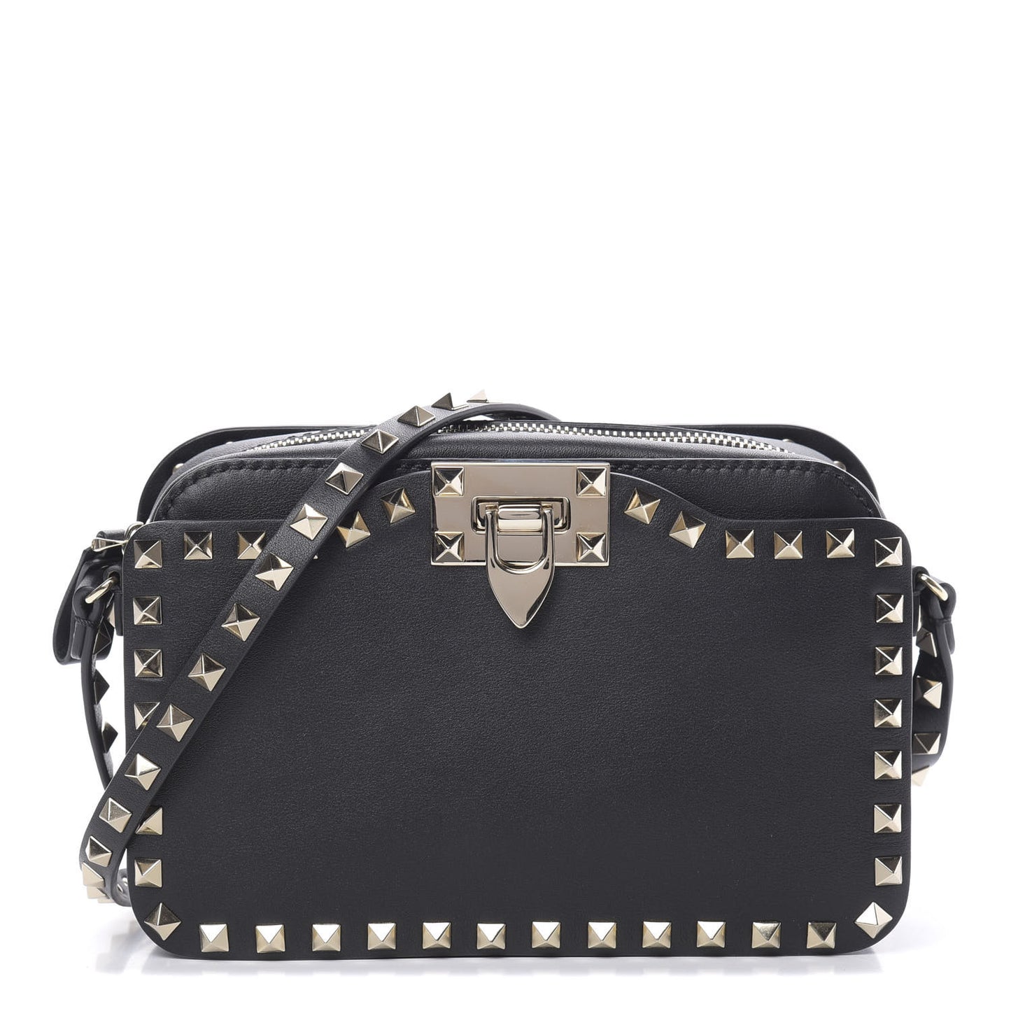 Vitello Rockstud Flip Lock Camera Crossbody Bag Black