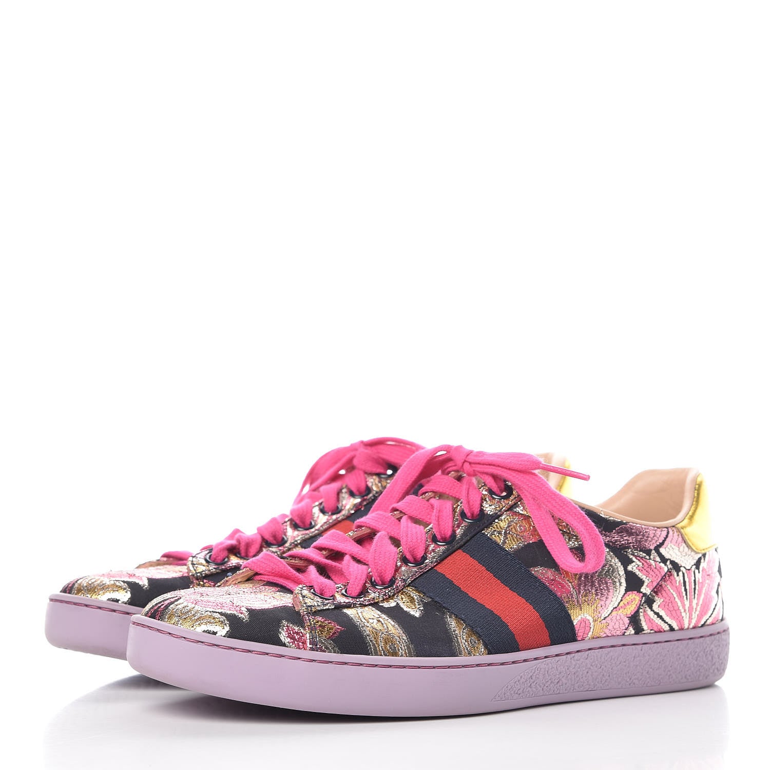 Gucci Lurex Brocade Web Nappa Womens Ace Sneakers 36.5 Black Pink Oro Vecchio 3 of 15