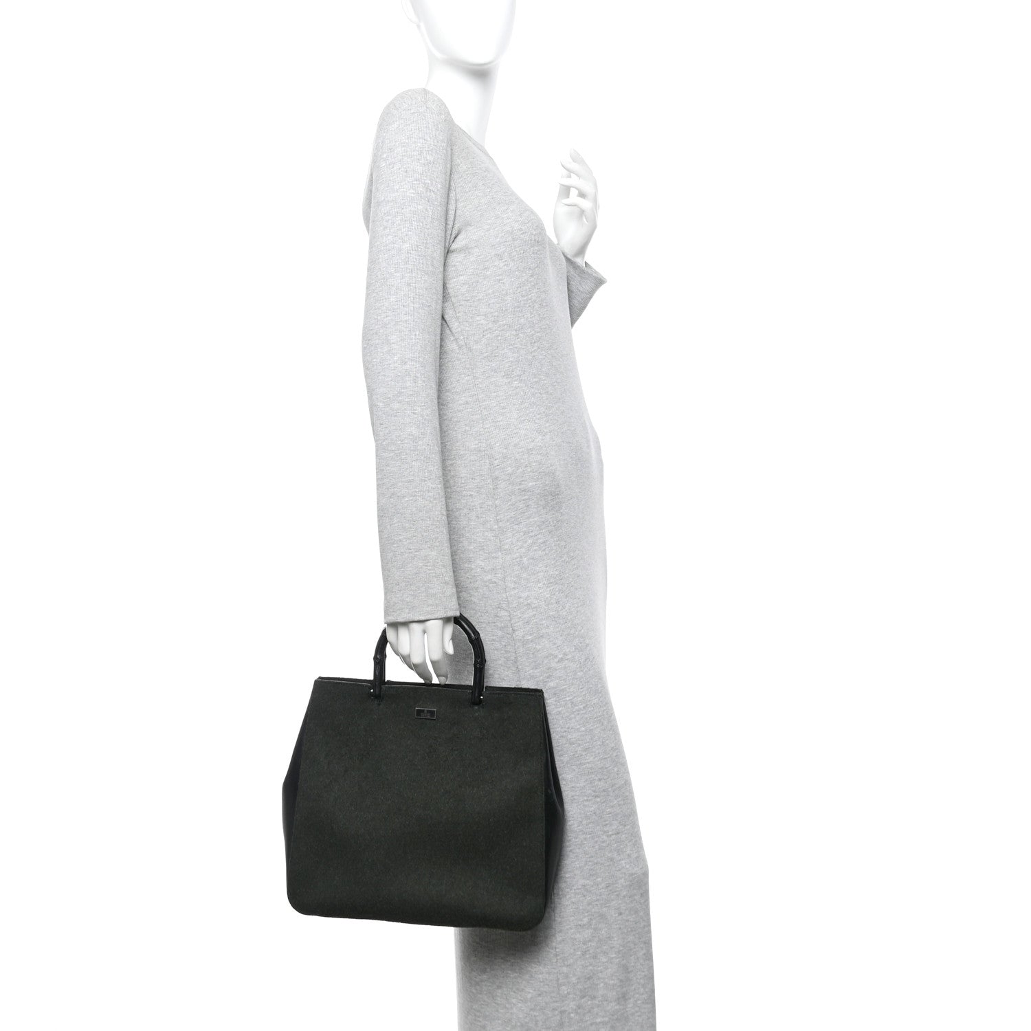 Gucci Wool Calfskin Bamboo Handle Bag Green Black 2 of 10