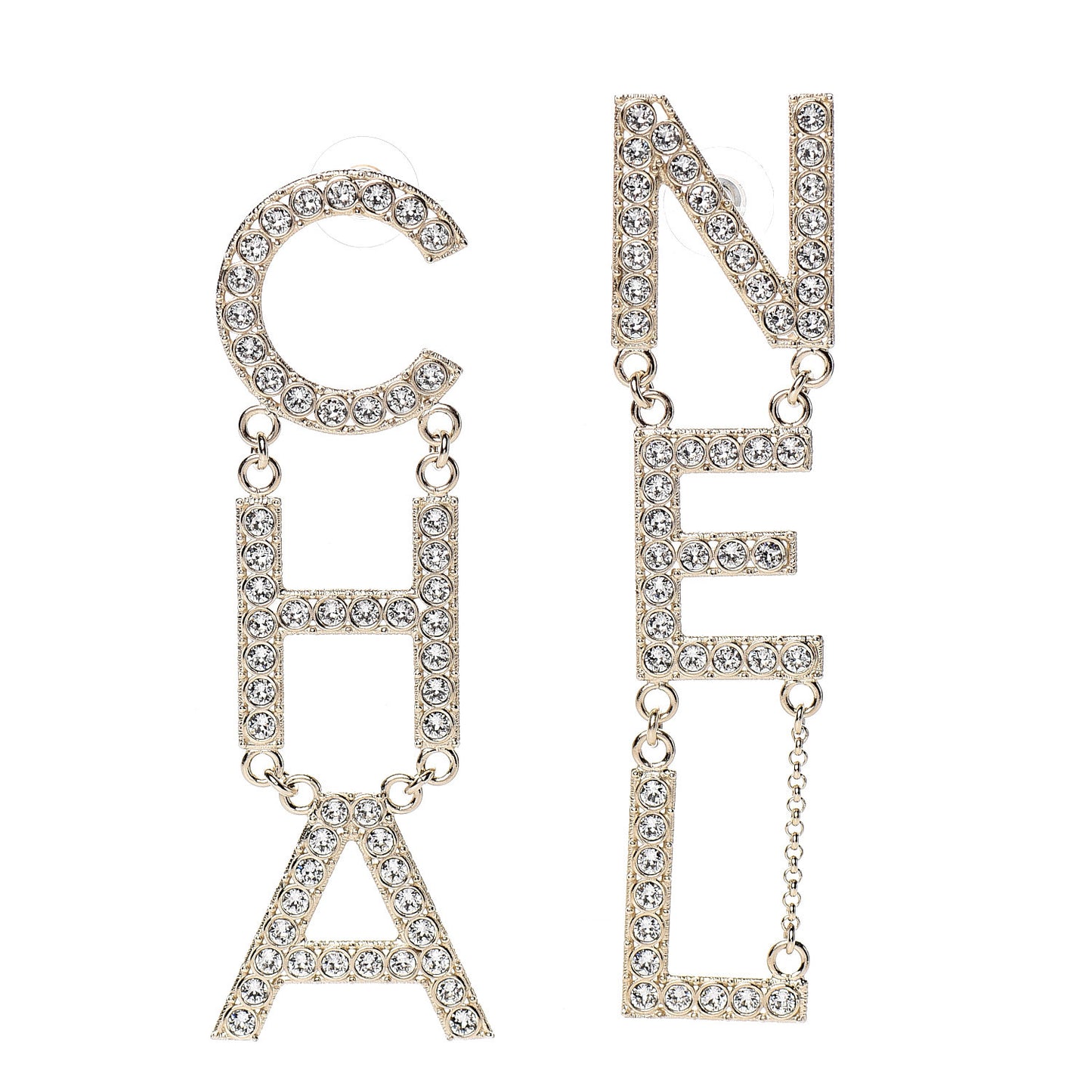 Crystal Cha-Nel Logo Drop Earrings Gold