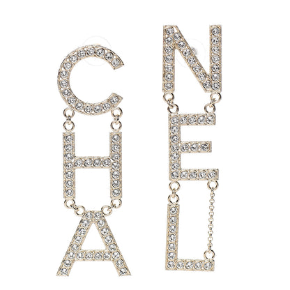 Chanel Crystal Cha-Nel Logo Drop Earrings Gold 1 of 5