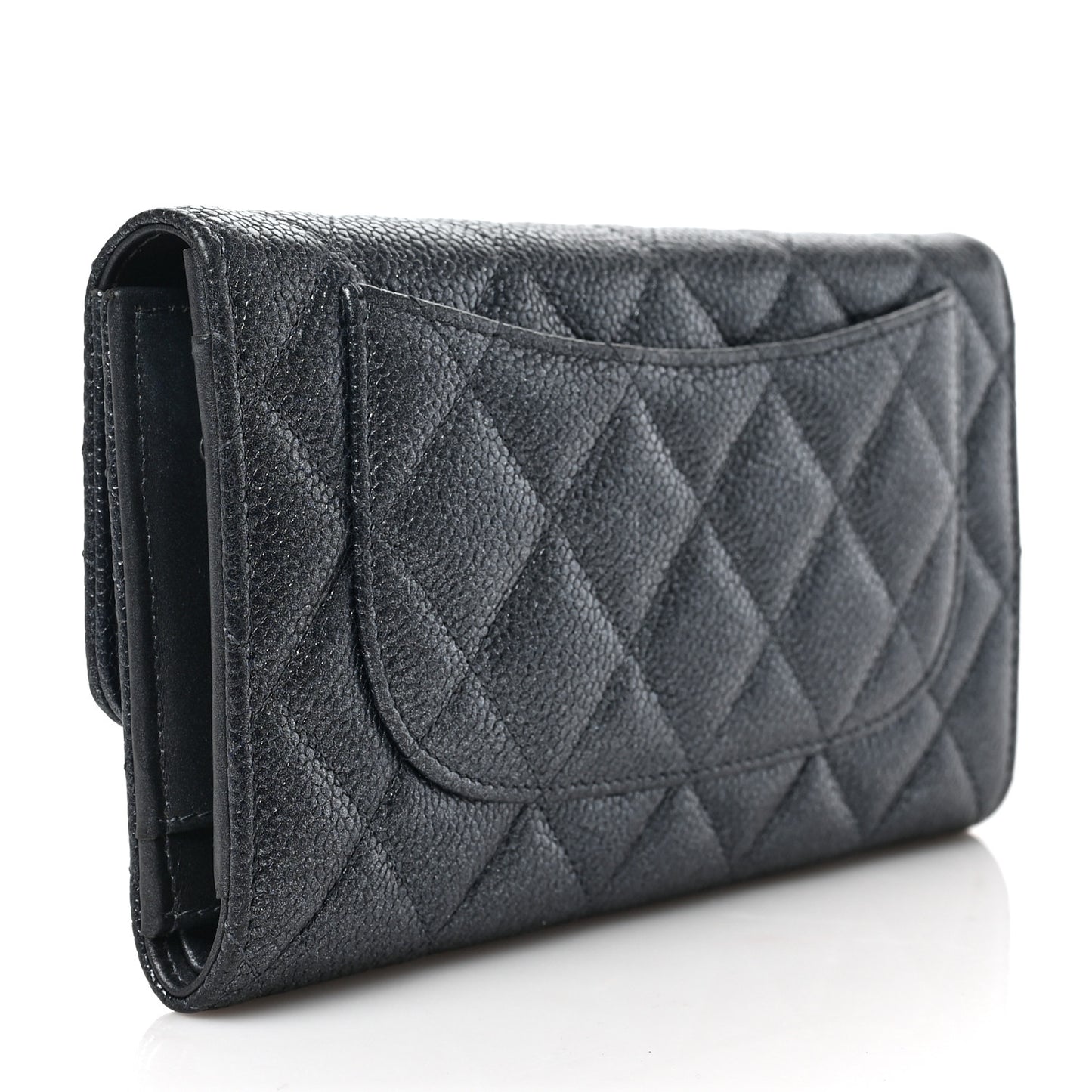 Iridescent Caviar Quilted Large Gusset Flap Wallet Black