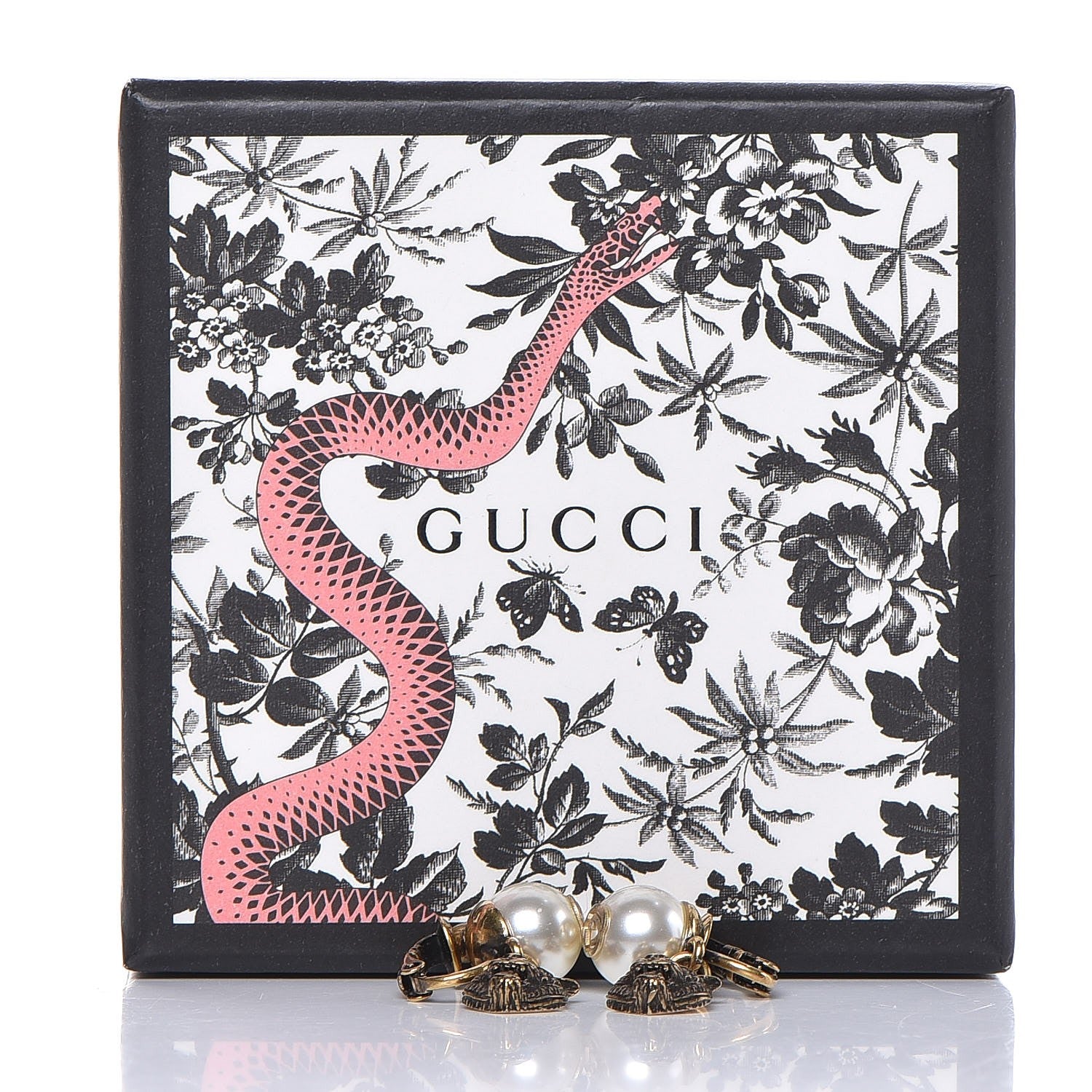 Gucci Metal Crystal Resin Pearl Feline Clip On Earrings Aged Gold 3 of 3