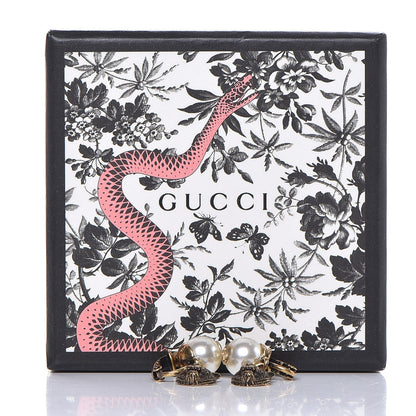 Gucci Metal Crystal Resin Pearl Feline Clip On Earrings Aged Gold 3 of 3