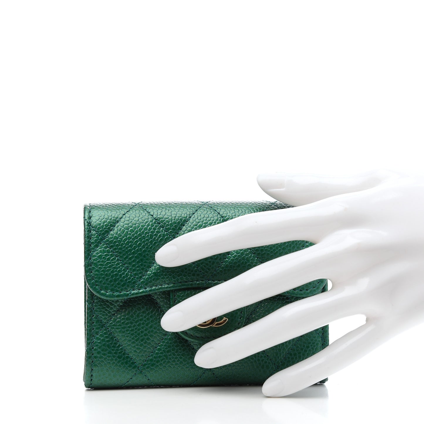 Metallic Caviar Quilted Flap Card Holder Wallet Green