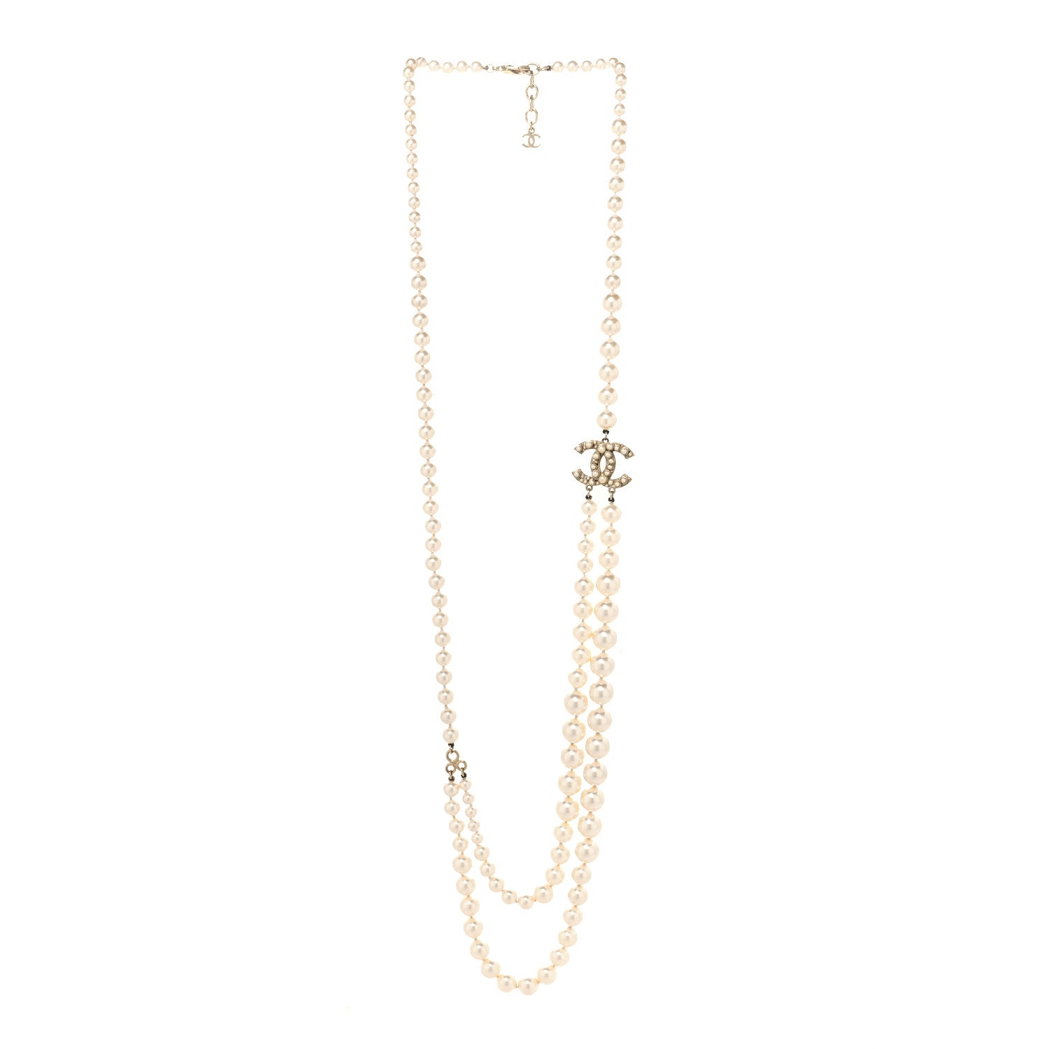 Chanel Graduated Pearl Studded CC Long Necklace Gold 3 of 4