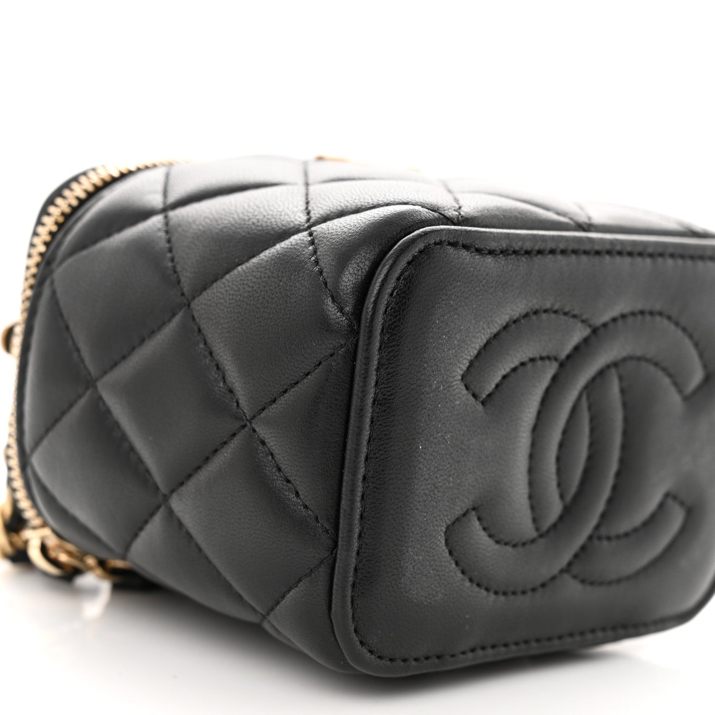 Lambskin Quilted Metal Mini Top Handle Vanity Case With Chain Black