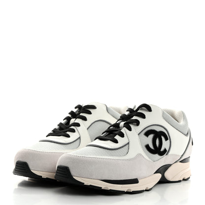 Chanel Mesh Suede Calfskin Mens CC Sneakers 44 White Silver Light Grey 3 of 9