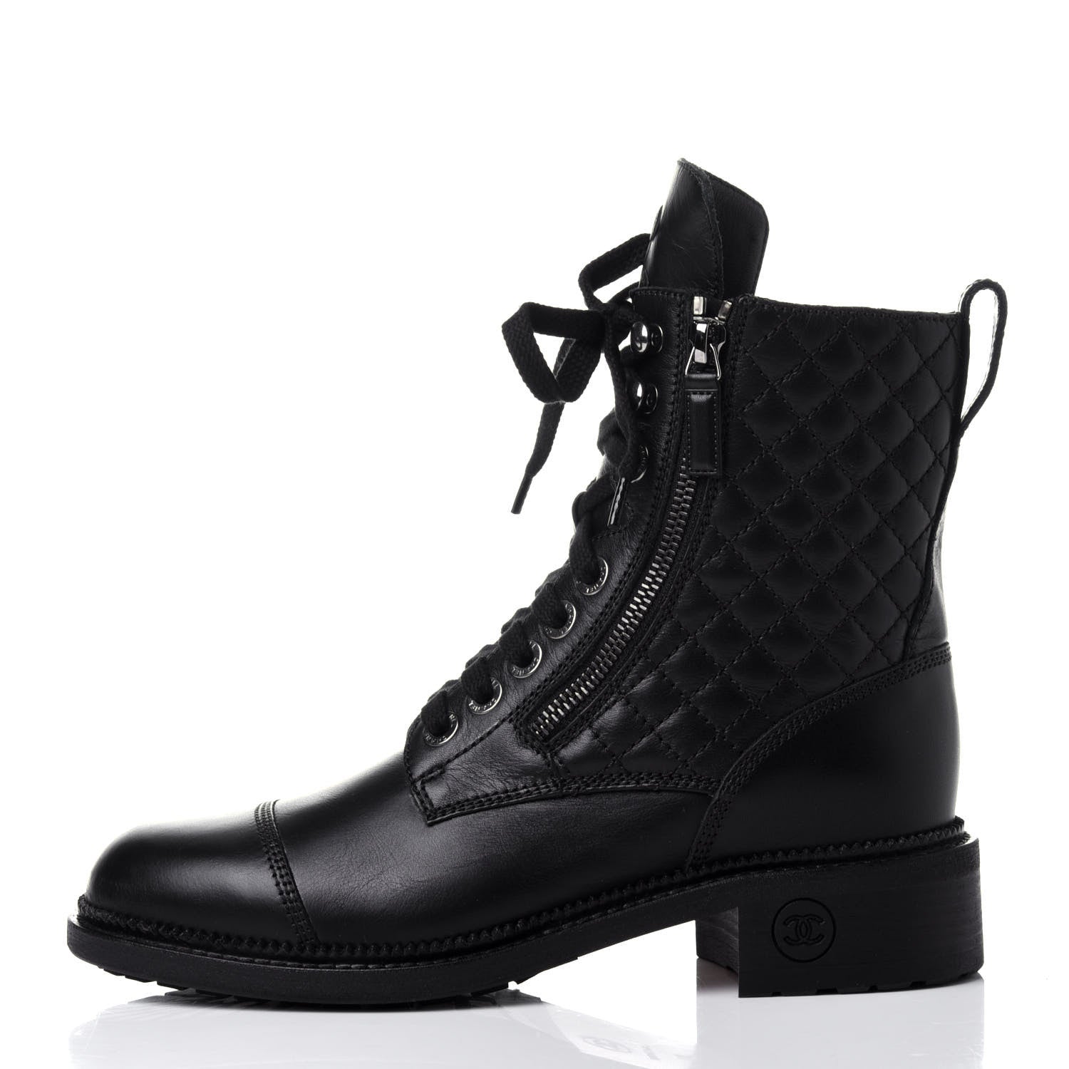 Chanel Calfskin Quilted Lace Up Combat Boots 38 Black 1 of 10