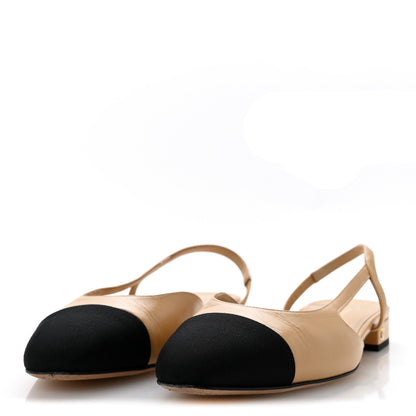 Chanel Goatskin Grosgrain Cap Toe CC Slingback Sandals 38.5 Beige Black 4 of 10