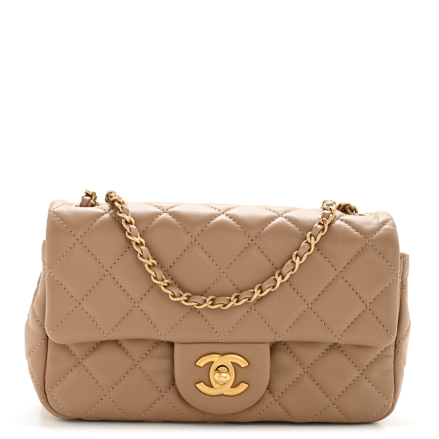 Lambskin Quilted Mini Rectangular Pearl Crush Flap Beige