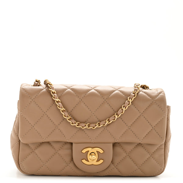Chanel Lambskin Quilted Mini Rectangular Pearl Crush Flap Beige