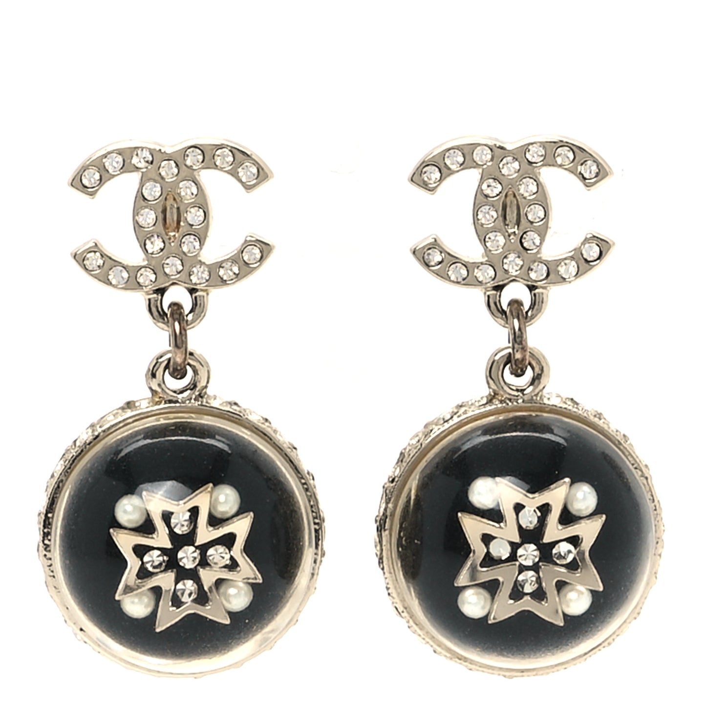 Resin Crystal Pearl CC Ball Drop Earrings Black Gold