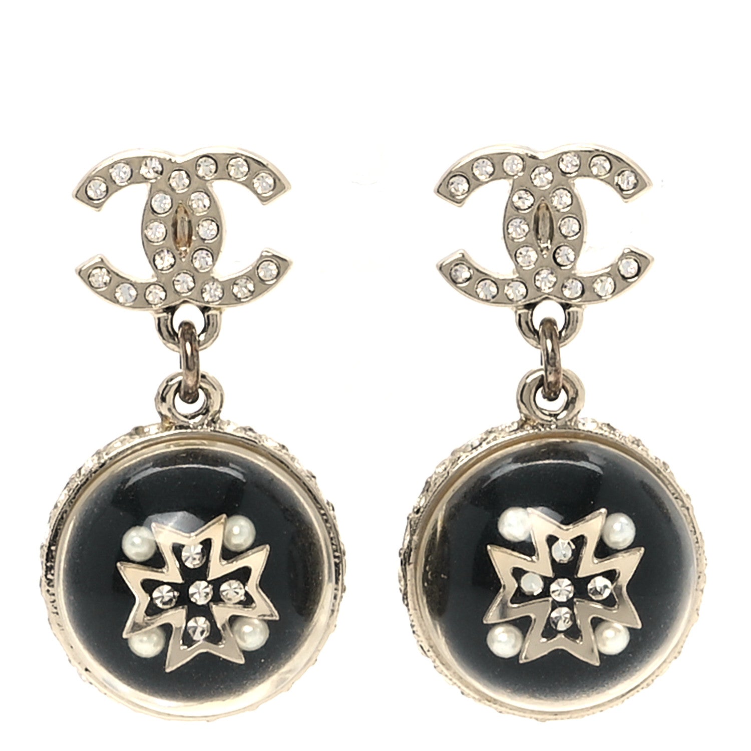 Chanel Resin Crystal Pearl CC Ball Drop Earrings Black Gold 1 of 5
