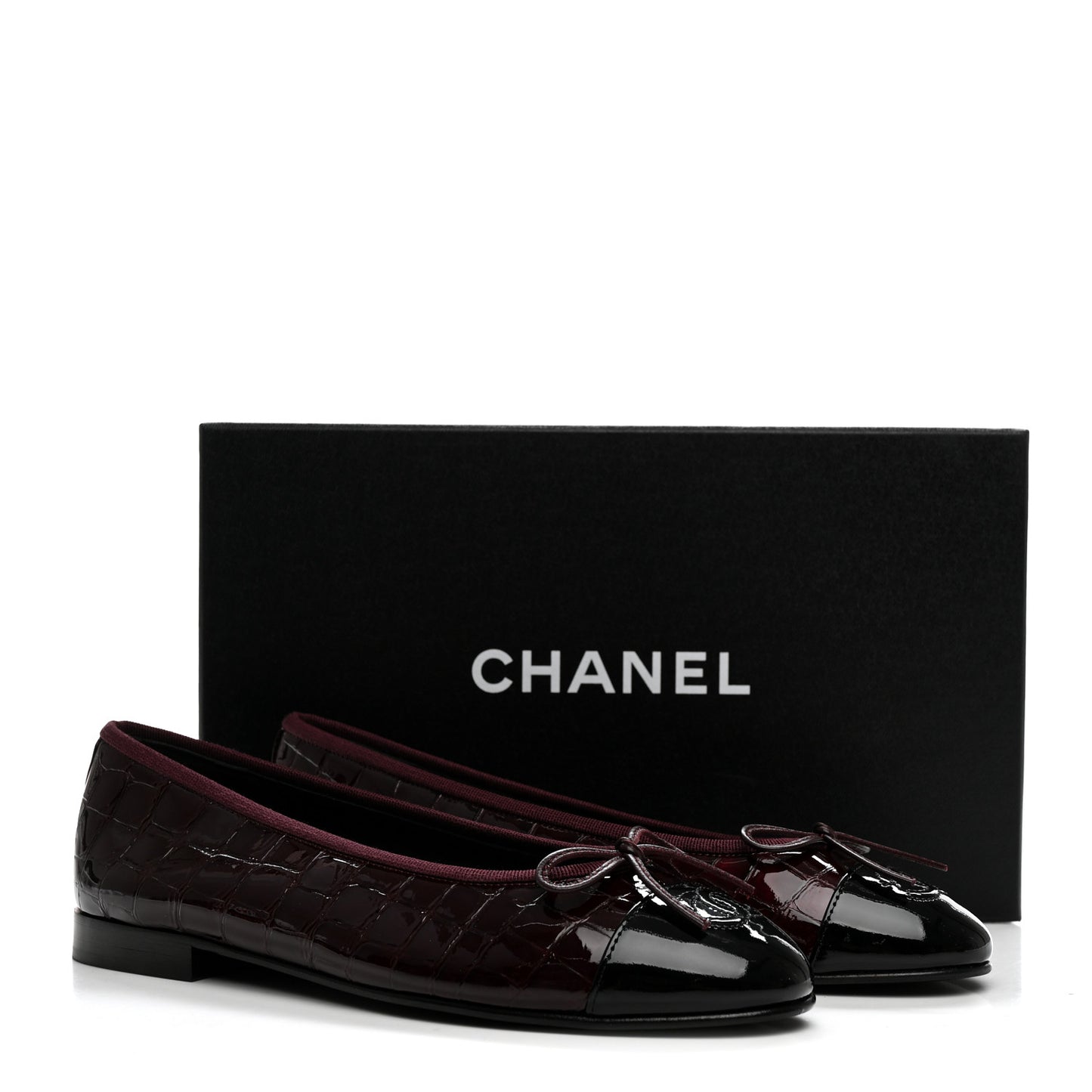 Patent Calfskin Crocodile Embossed Ballerina Flats 37.5 Dark Burgundy Black