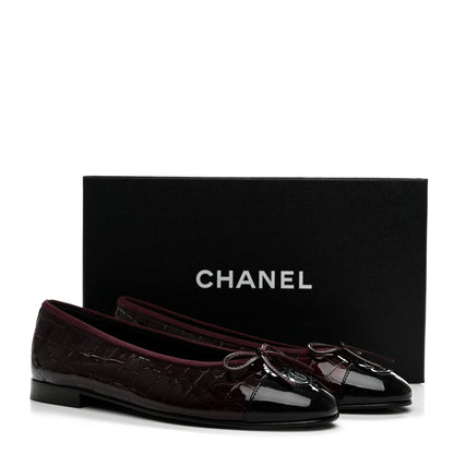 Chanel Patent Calfskin Crocodile Embossed Ballerina Flats 37.5 Dark Burgundy Black 10 of 10