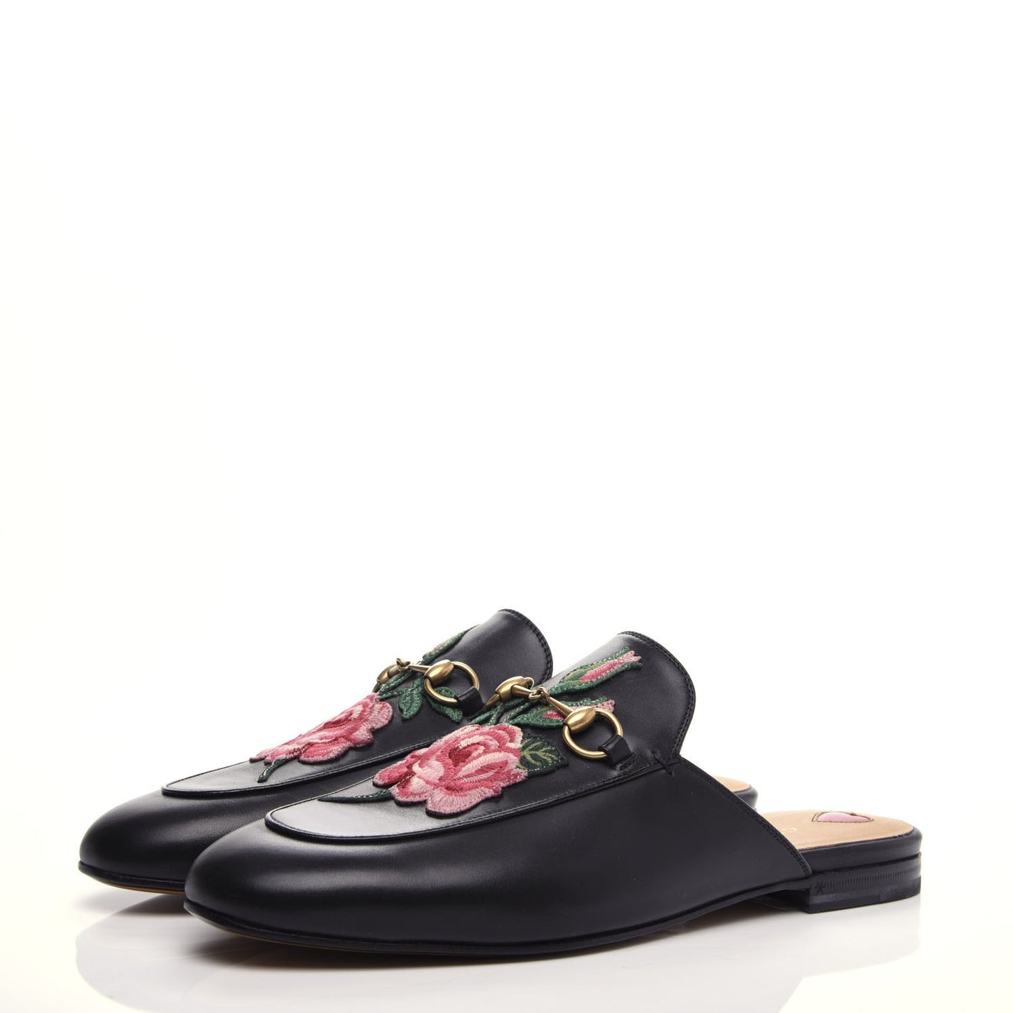 Calfskin Flower Embroidered Princetown Slippers 40.5 Black