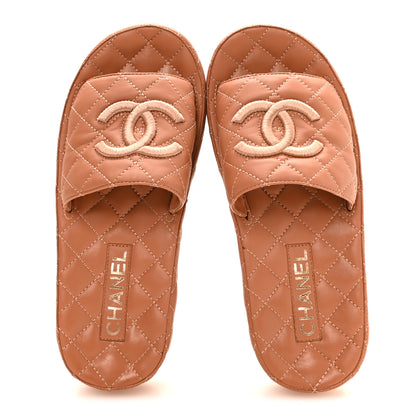 Chanel Lambskin Quilted CC Mules Sandals 37 Brown 2 of 9