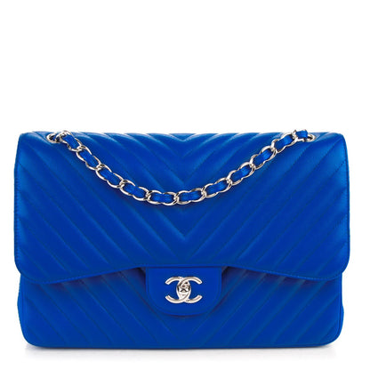 Chanel Caviar Chevron Quilted Jumbo Double Flap Bright Blue 1 of 8