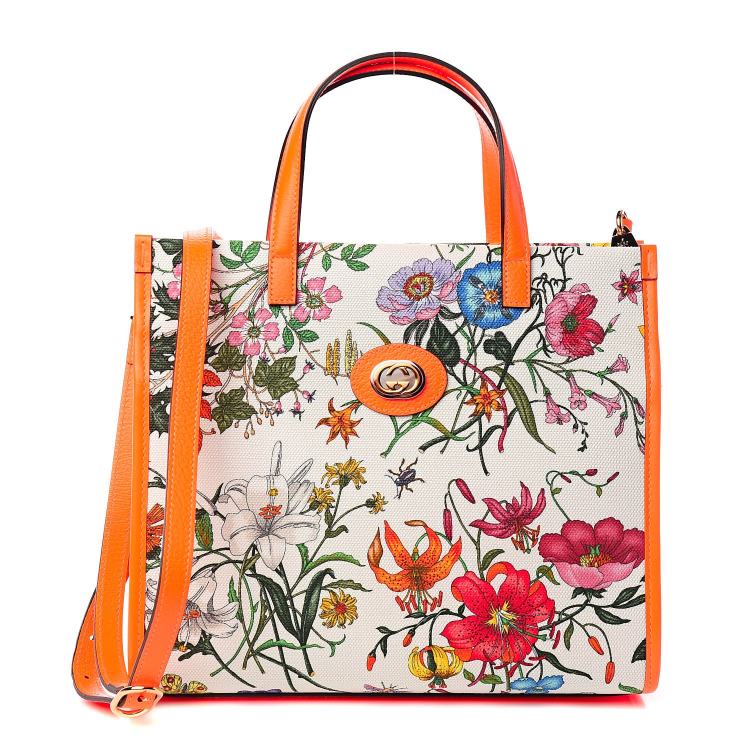 Gucci Canvas Medium Flora Tote White Multicolor Orange Fluo 1 of 10