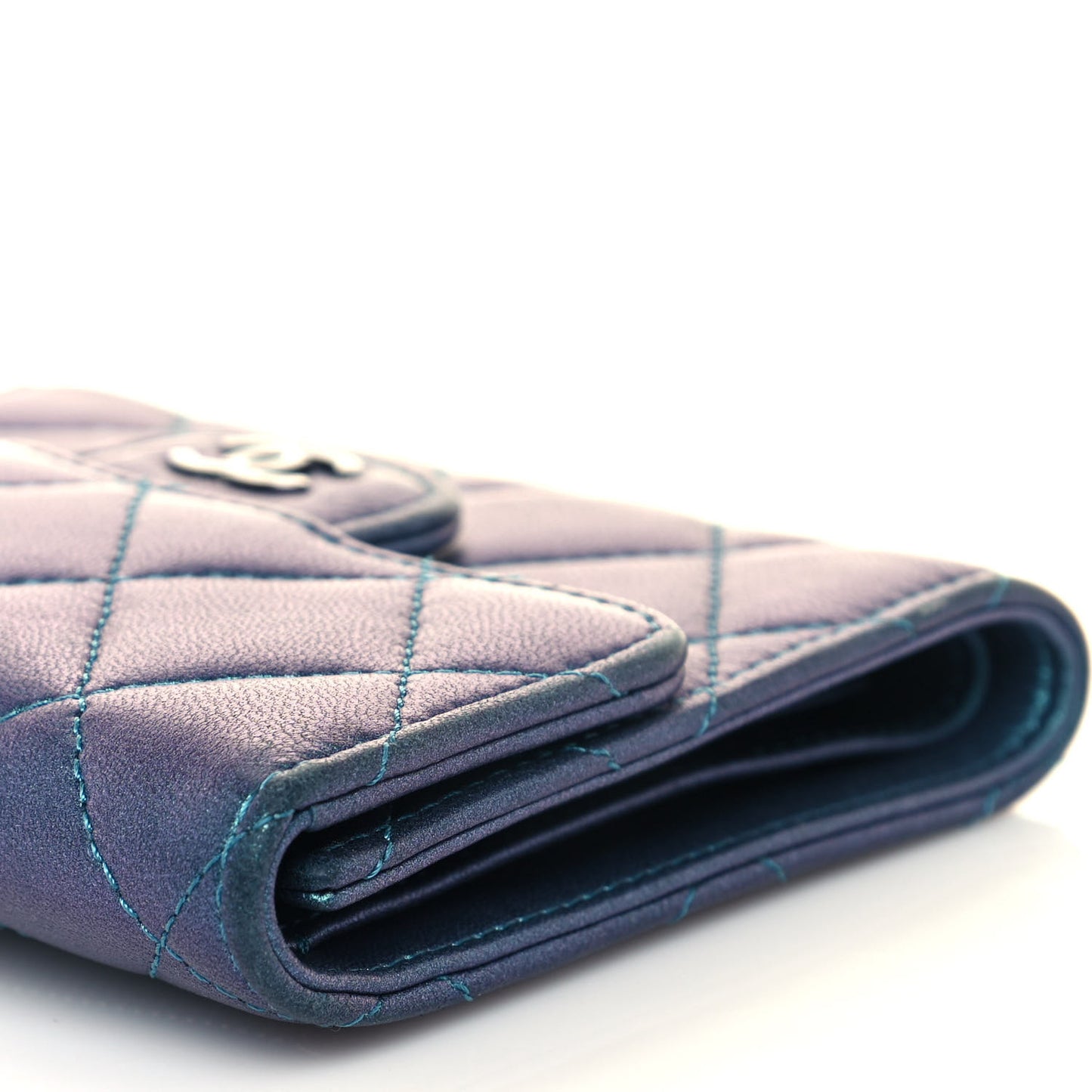 Metallic Lambskin Quilted Compact Flap Wallet Turquoise