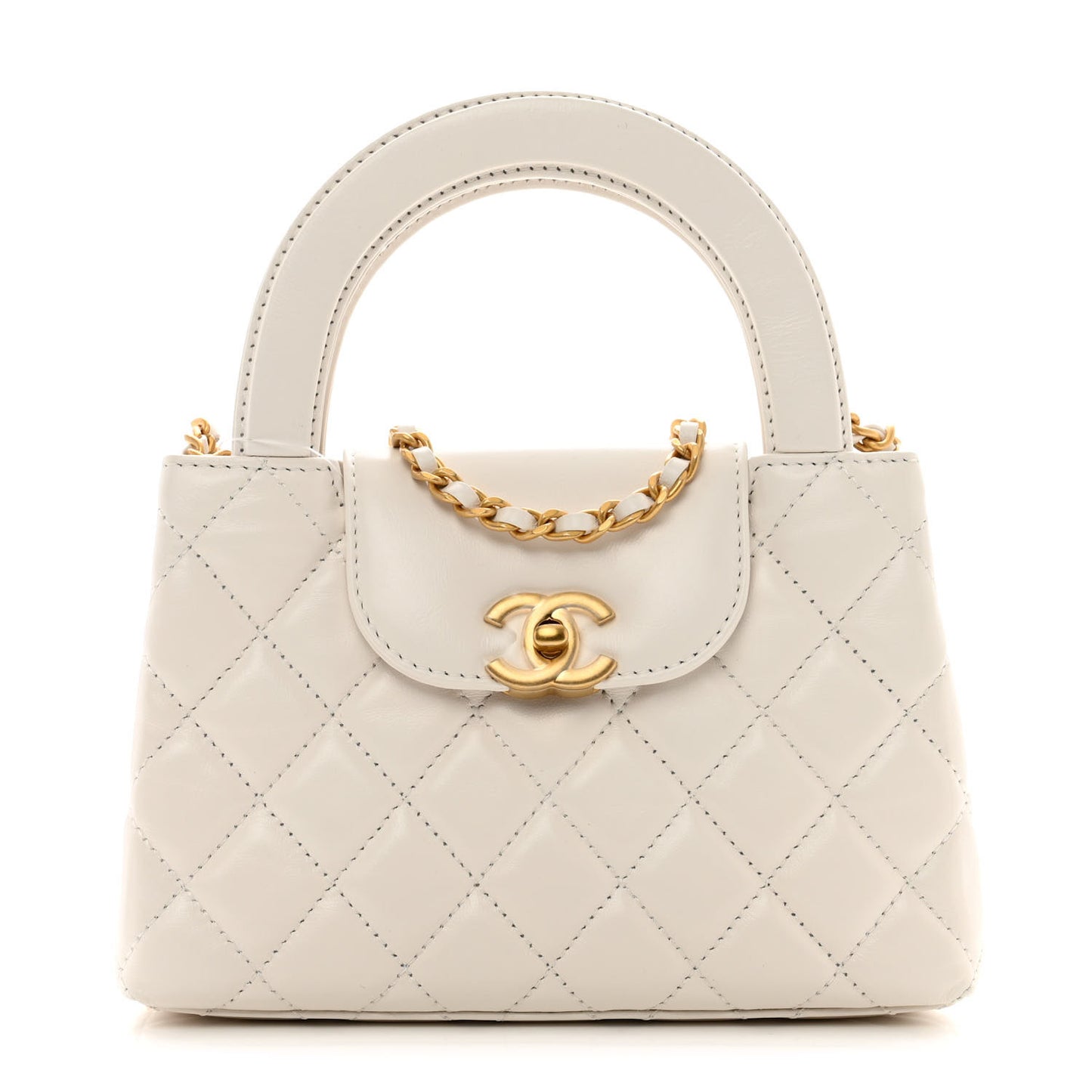 Shiny Aged Calfskin Quilted Nano Kelly Shopper White