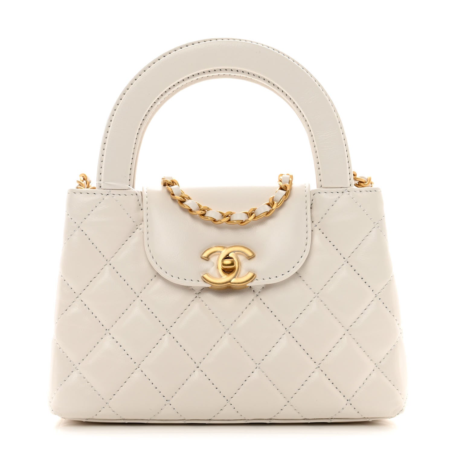 Chanel Shiny Aged Calfskin Quilted Nano Kelly Shopper White 1 of 11