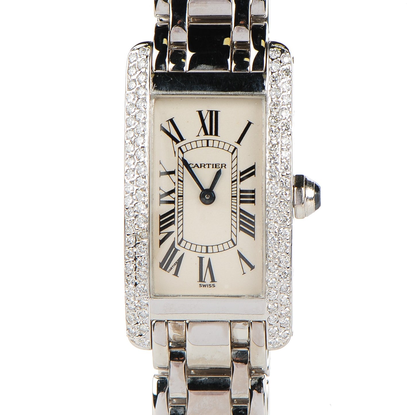 18K White Gold Diamond Bezel 19mm Tank Americaine Quartz Watch