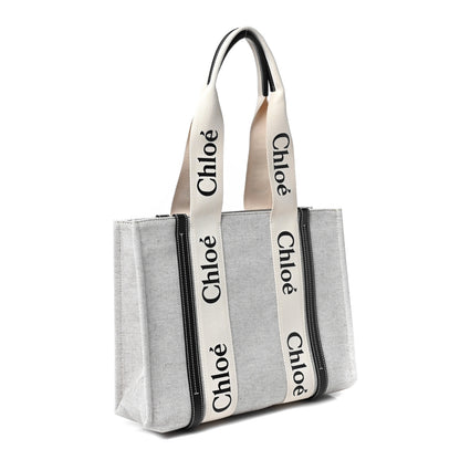 Chloe Cotton Calfskin Medium Woody Ribbon Tote White Black 3 of 8