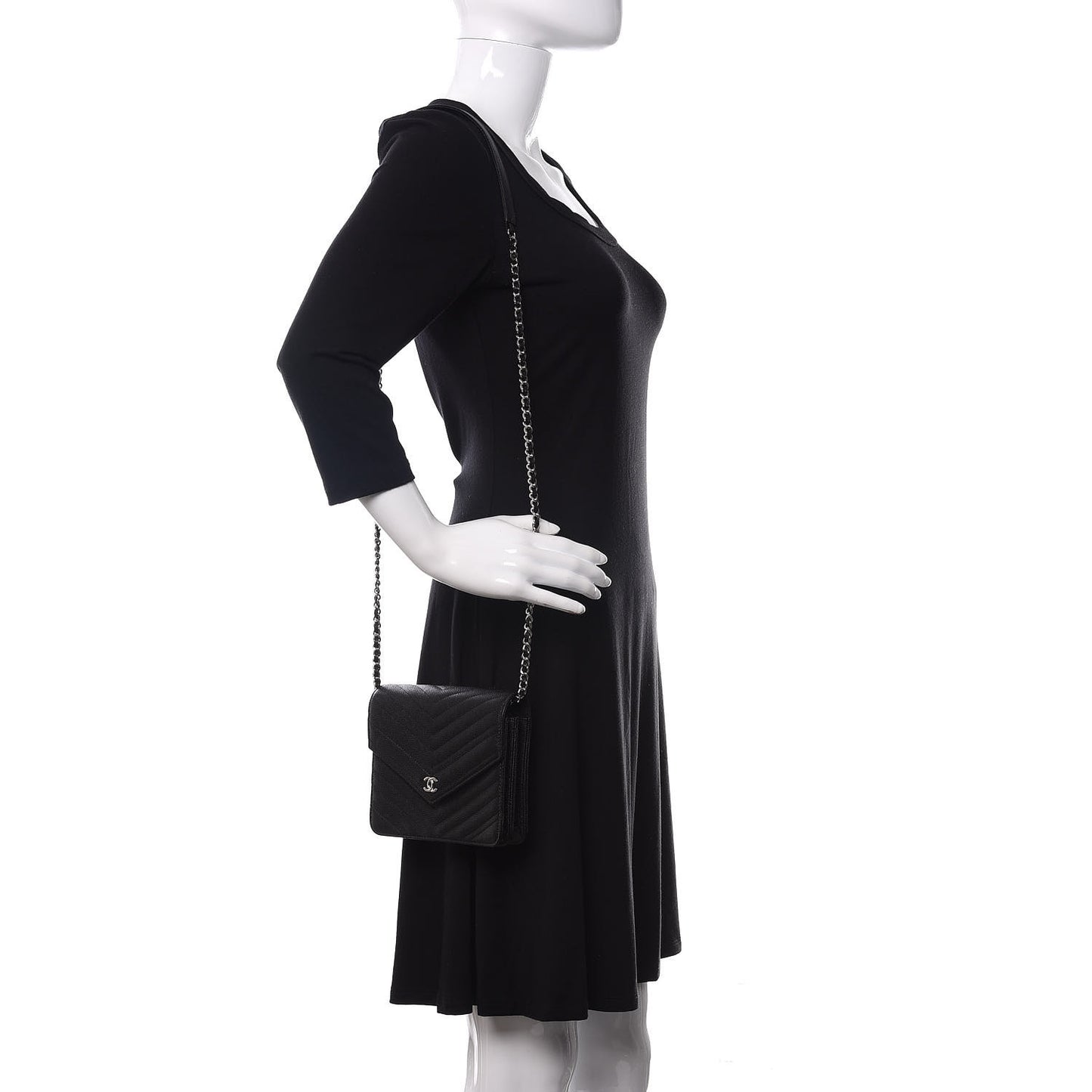 Caviar Chevron Quilted Square Wallet On Chain WOC Black
