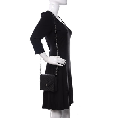 Chanel Caviar Chevron Quilted Square Wallet On Chain WOC Black 2 of 10
