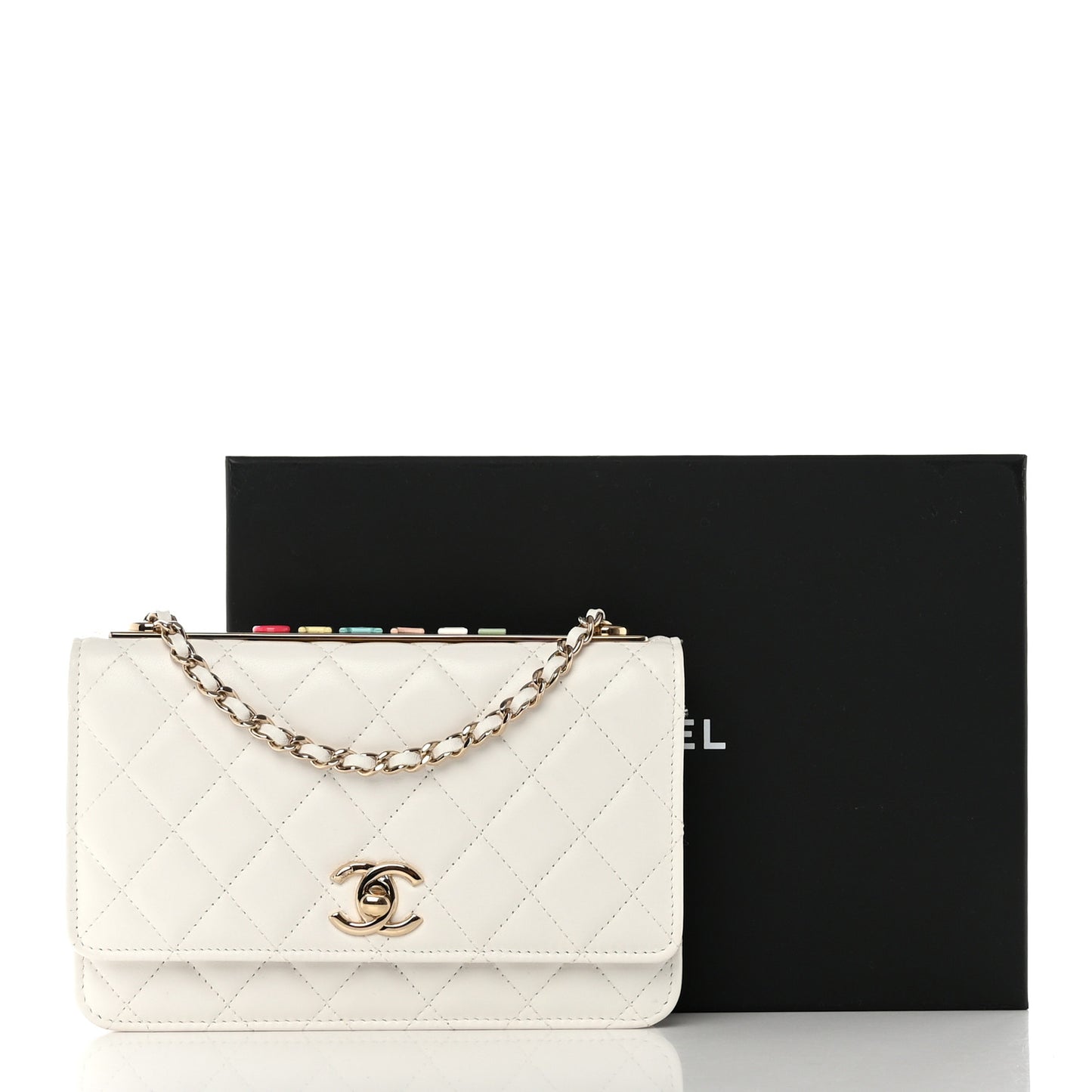 Lambskin Quilted Trendy CC Wallet On Chain WOC White