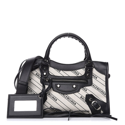 Balenciaga Canvas Satin Calfskin Diagonal Allover Logo Print Classic Silver Hardware Mini City Natural Black 1 of 10