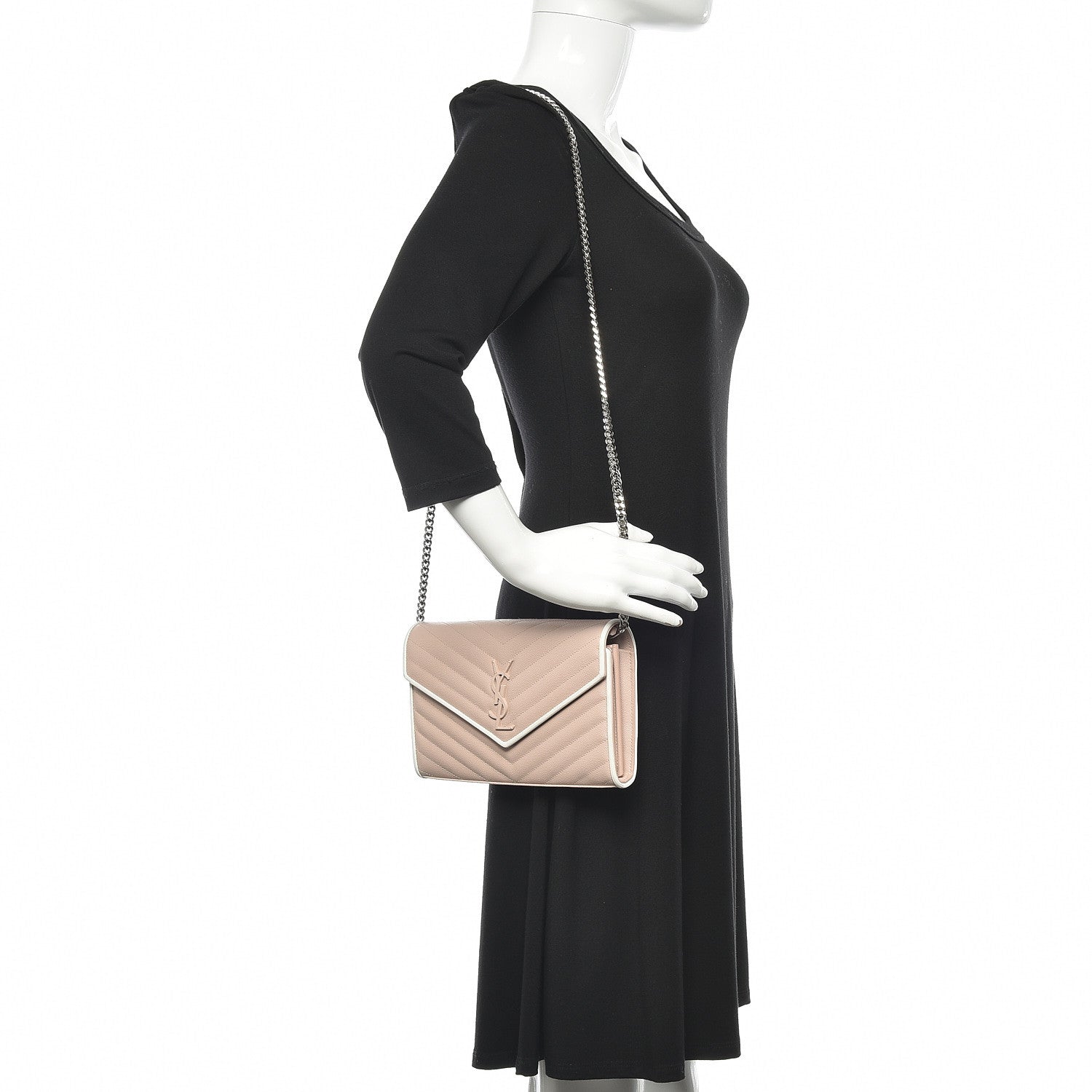 Saint Laurent Grain De Poudre Matelasse Chevron Monogram Chain Wallet Pink and White 2 of 12