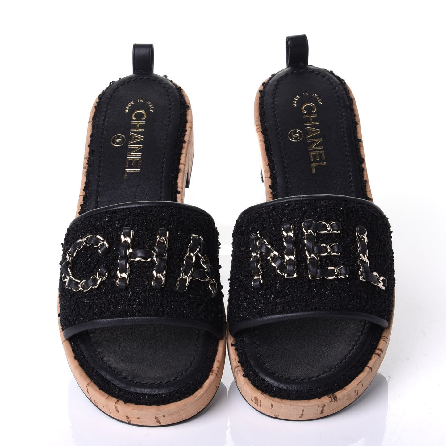 Tweed Cork CC Chain Mule Sandal 39 Black
