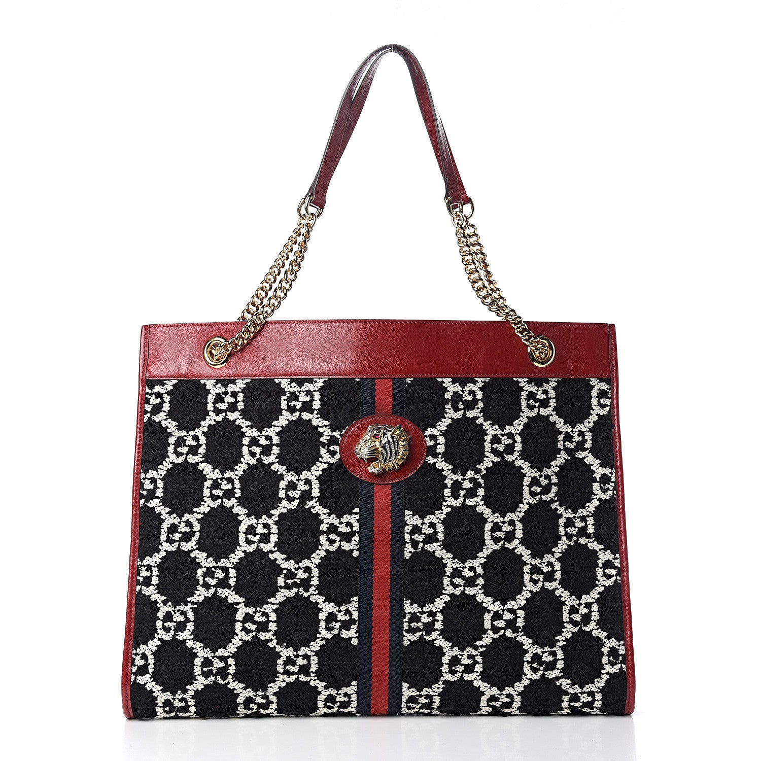 Gucci Tweed GG Monogram Large Rajah Chain Tote Romantic Cherry Black White 2 of 10